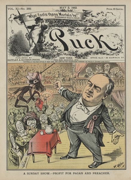 This 1882 print shows Robert G. Ingersoll speaking to an audience whose heads are half-dollar coins, while one of his longstanding rivals is depicted as a marionette. Photo courtesy Library of Congress Prints and Photographs Division 