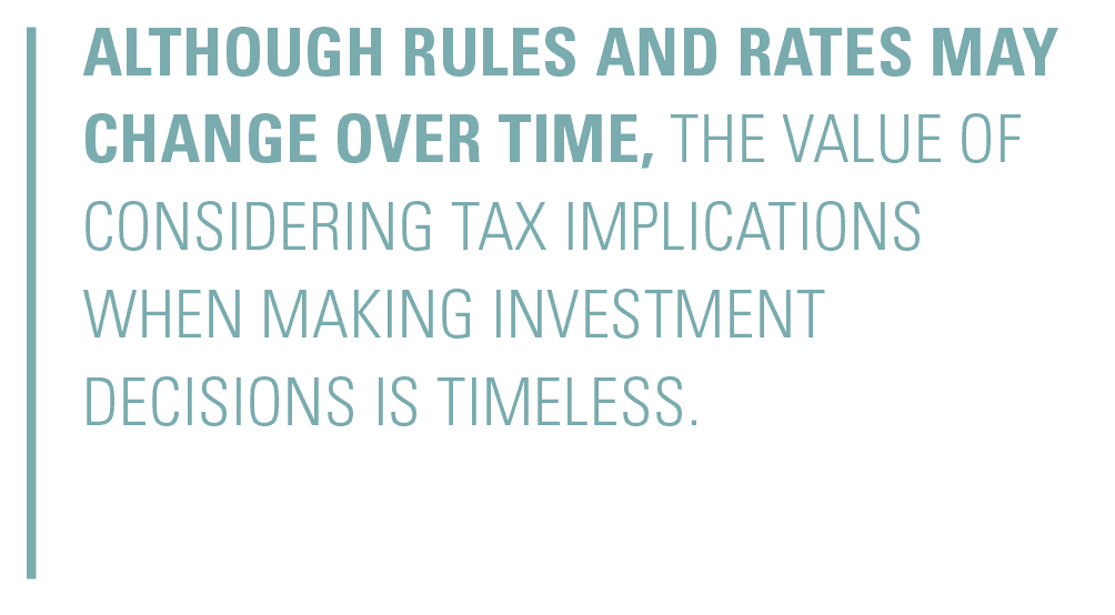 Although rules and rates may change over time, the value of considering tax implications  when making investment  decisions is timeless.