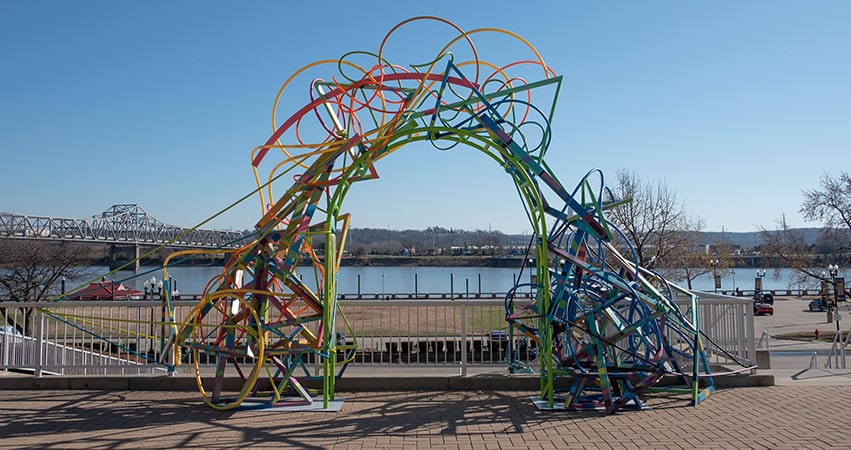 Commissioned by Easterseals Central Illinois, Brammeier’s “Easterseals Rainbow” stands tall outside the Peoria Riverfront Museum.