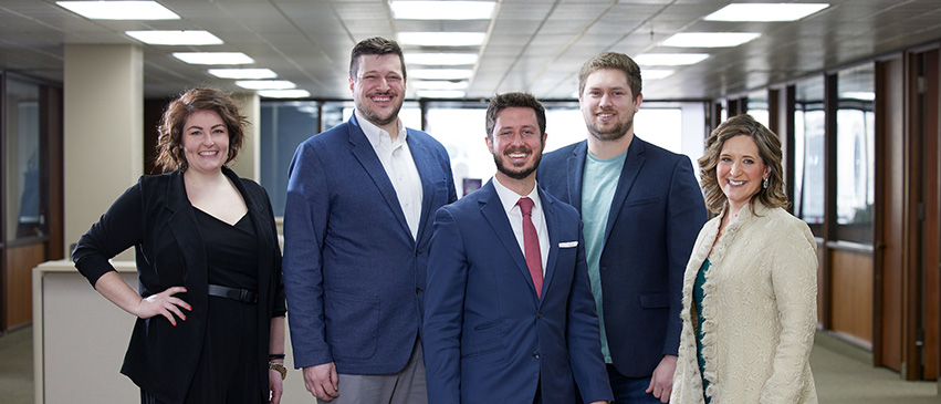 Discover Peoria leadership team: Elle Benway, Director of Experience & Sponsorship; Joshua Albrecht, Chief Marketing Officer; J.D. Dalfonso, President/CEO; C.J. Goddard, Director of Finance & Admin; and Joni Staley, Director of Sales