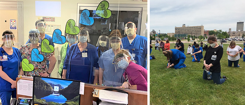 Left: Frontline healthcare workers received an outpouring of community support in 2020. Right: In June, UnityPoint Health team members joined healthcare systems across  the country in the White Coats for Black Lives initiative.