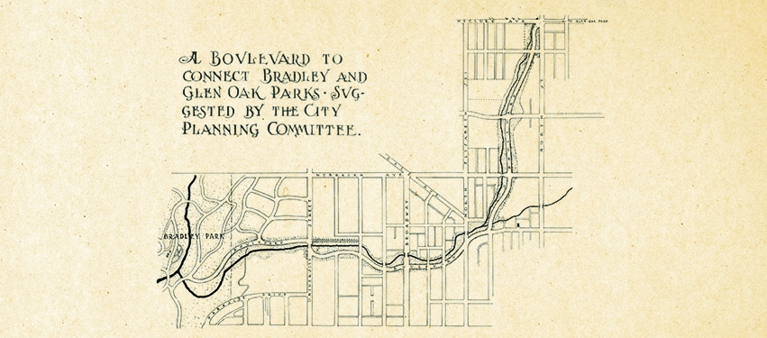 A boulevard along Dry Run Creek was proposed as early as the first decade of the 20th century. This plan was published in The Peorian in 1911.