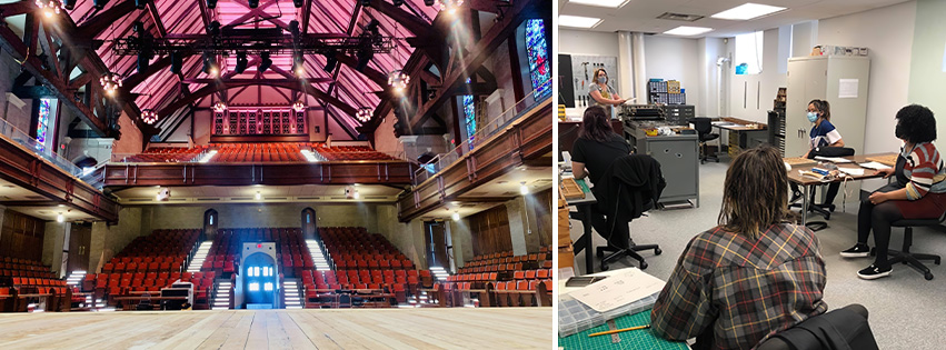 Left: While the Scottish Rite Theatre is still in the final stages of its renovation, the venue is actively booking events and performances for the second half of 2021 and into 2022. Right: Dr. Peggy West leads a printmaking class at the Peoria Art Guild.