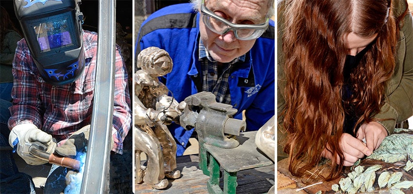At left: Jasen Nigg makes hot contact with his moon-themed steel public sculpture. Center: Roy Rogers looks over his work of bronze, steel and wood. Right: Sydney Ryan details her bronze relief.