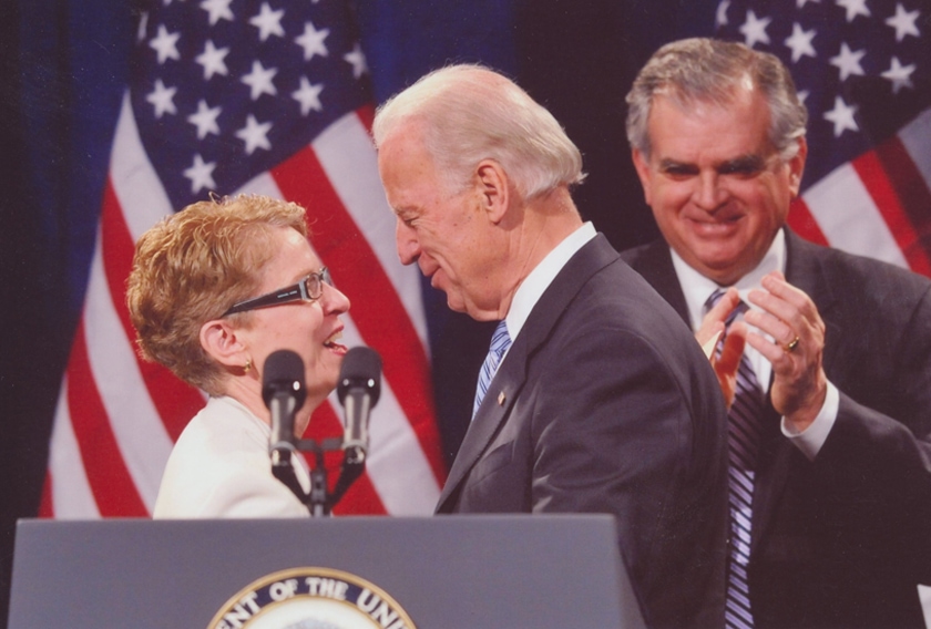 Martha Herm with then-Senator Joe Biden, keynote speaker at the 2010 Partners in Peace luncheon for the Center for Prevention of Abuse. Biden authored the Violence Against Women Act in 1994, which helped fund an expansion of the Center's services.