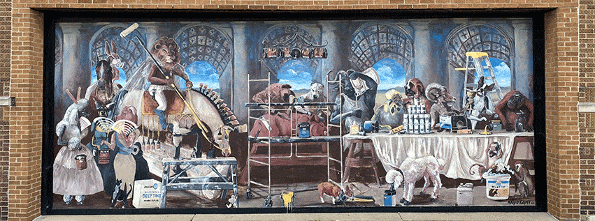 Artist Mariam Graff created a whimsical animal scene showcasing Born Paint products for this mural on the side of their building.