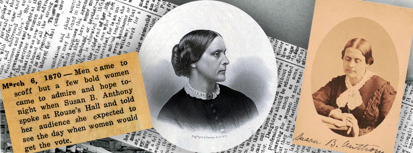 Article clippings and portraits of Susan B. Anthony