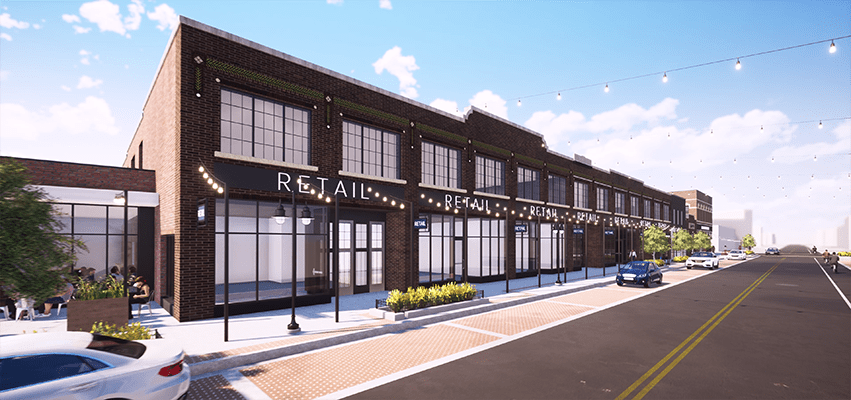 A rendering of the new Adams and Oak storefronts