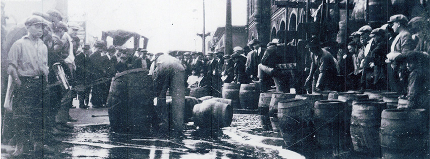 At the onset of Prohibition in 1920, saloons were closed and whiskey barrels were dumped into the sewers