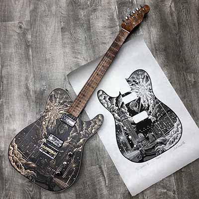 Alex Carmona’s collaboration with Fender created the world’s first hand-carved “Woodcut Telecaster.”