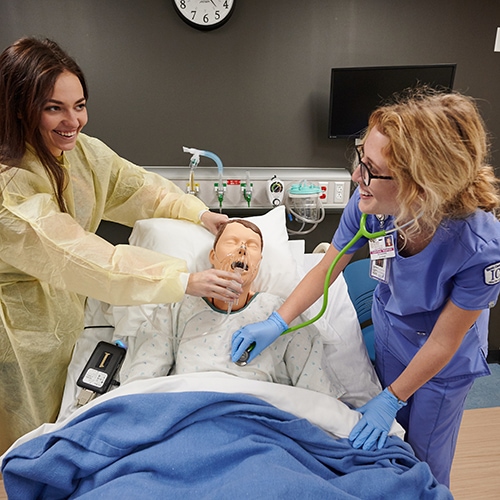 Students assess lung sounds on a simulated manikin.