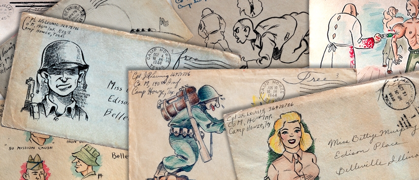The comical vignettes on the envelopes Jerry mailed to Bettye were an extension of the cartoons he drew for base newspapers.