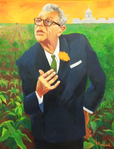 A painting of Rep. Everett McKinley Dirksen in a corn field with the US capital in the background