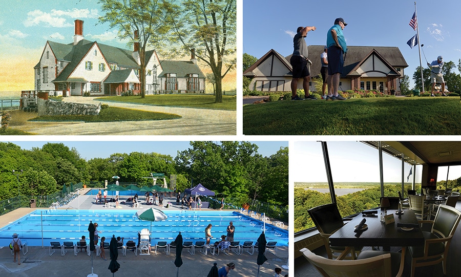 Photos of the Peoria Country Club: vintage postcard of the building, the pool, view from the dining room, and the golf course