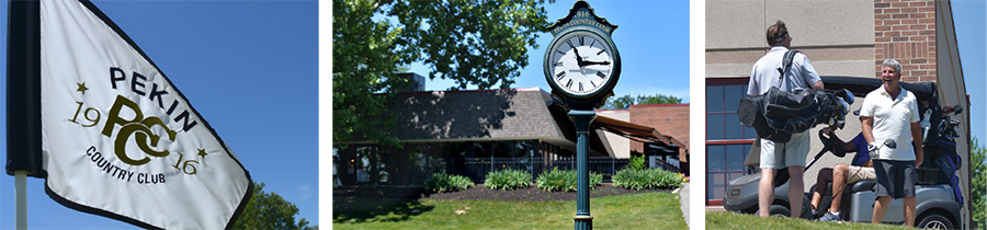 Photos of the Pekin Country Club: Pekin PCC Flag, outdoor clock, and golf players