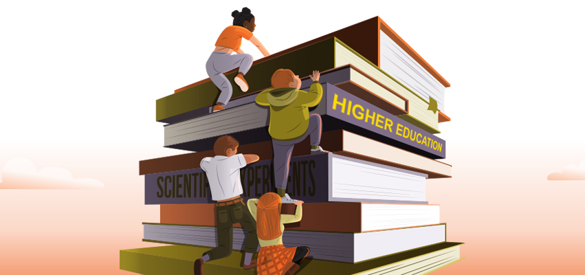 Illustration of Students climbing oversized school books