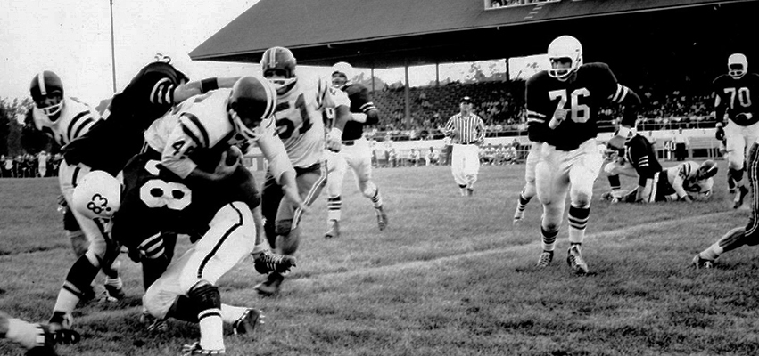 Black and white photo of a football game