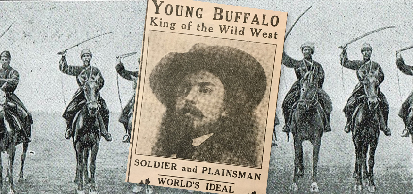 Vintage photos of a line of horse riders and an ad for the Young Buffalo Wild West Show