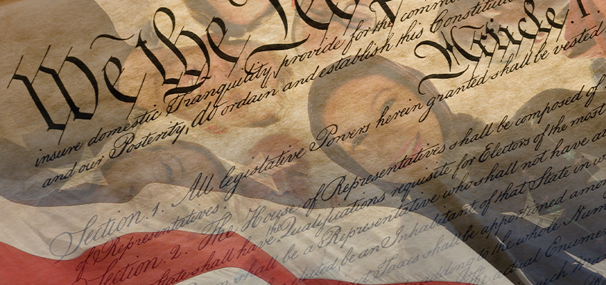 A graphic with the US constitution and the us Flag merged. Various Americans in the background