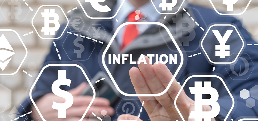 A Graphic with money symbols and the work inflation. a man in the background pressing on the word with his hand