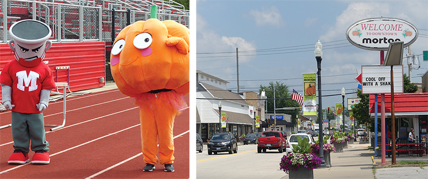 Morton High School Mascots and a photo of Main Street