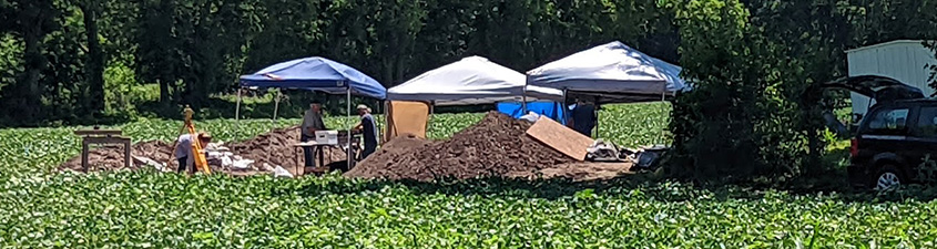 tents in a bean field covering the archeological site.