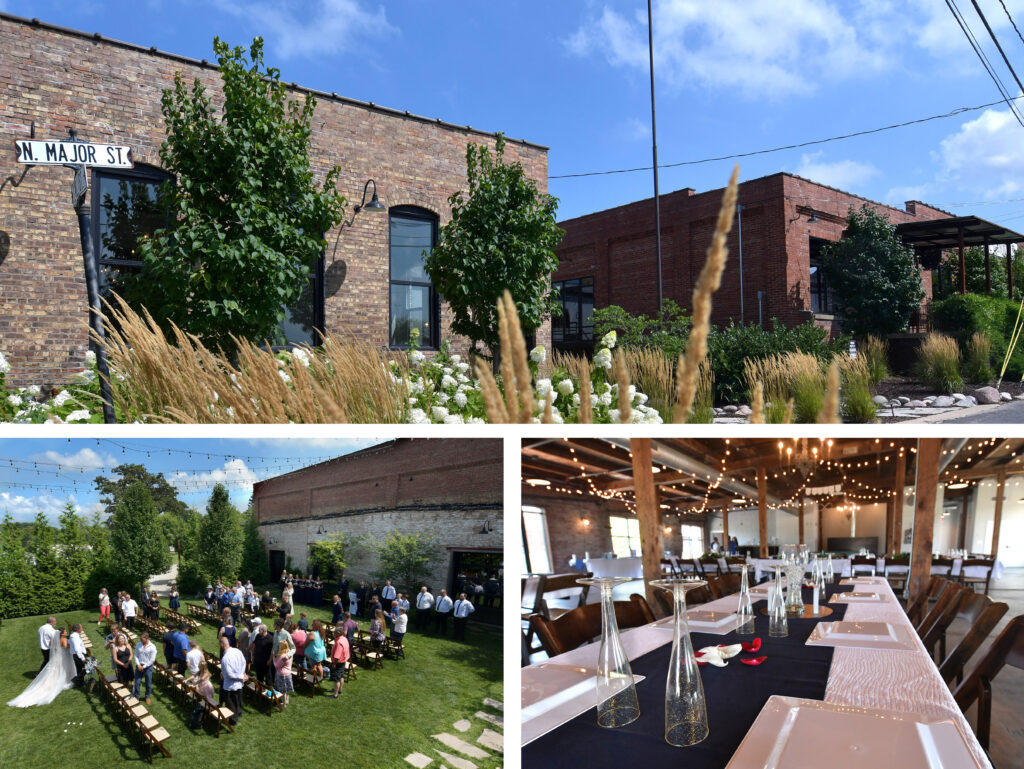Three Photos. Outside of the Cannery Event Center Building, An outdoor wedding, and tables setup for e reception