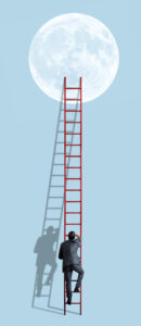 Graphic of a man climbing a ladder to the moon