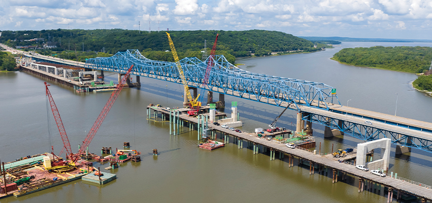 Aerial view of the construction of the McClugage Bridge’s eastbound span