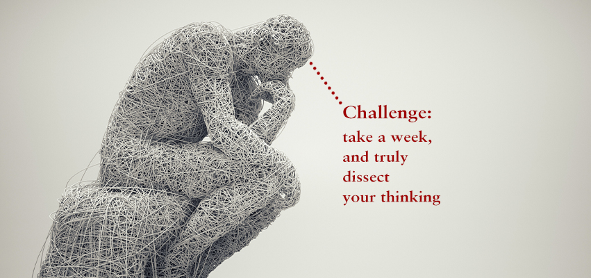 A replica of the sculpture by Auguste Rodin, made form wire with the text "Challenge: take a week and truly dissect your thinking