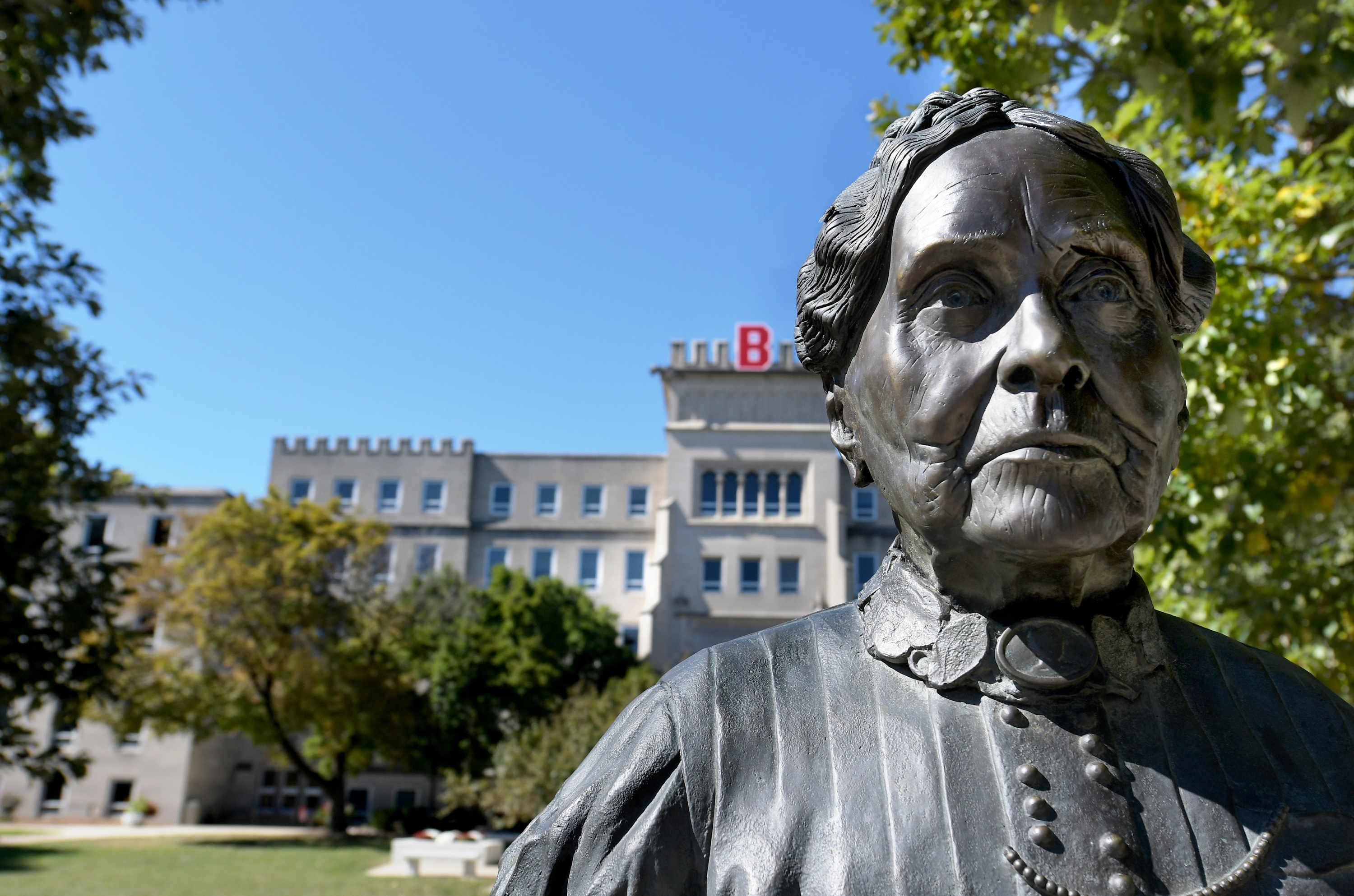 A statue on campus of Lydia Moss Bradley