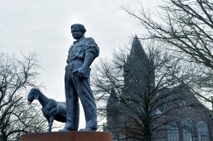 The Carl Sandburg statue at Town Square on Main Street in downtown Galesburg