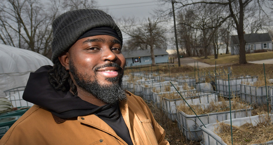 Demarkius Medley, owner of Greenlords Inc., at his hemp-growing operation in Galesburg. (Photo by Ron Johnson)