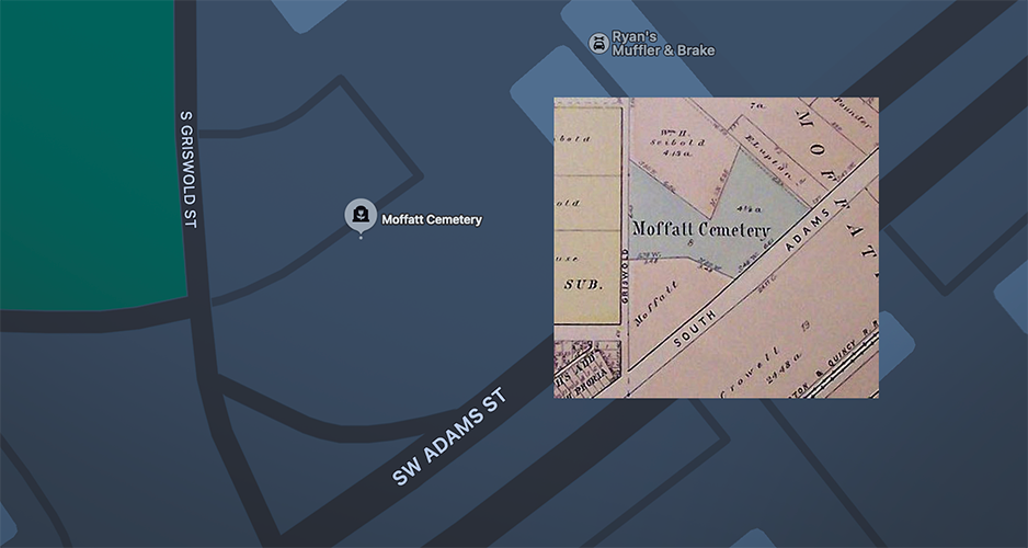 An 1896 Peoria County plat map (inset) shows Moffatt Cemetery. The Freedom & Remembrance Memorial will be just south of the former cemetery, at the intersection of South Griswold and Southwest Adams streets (Image provided by Robert Hoffer.)