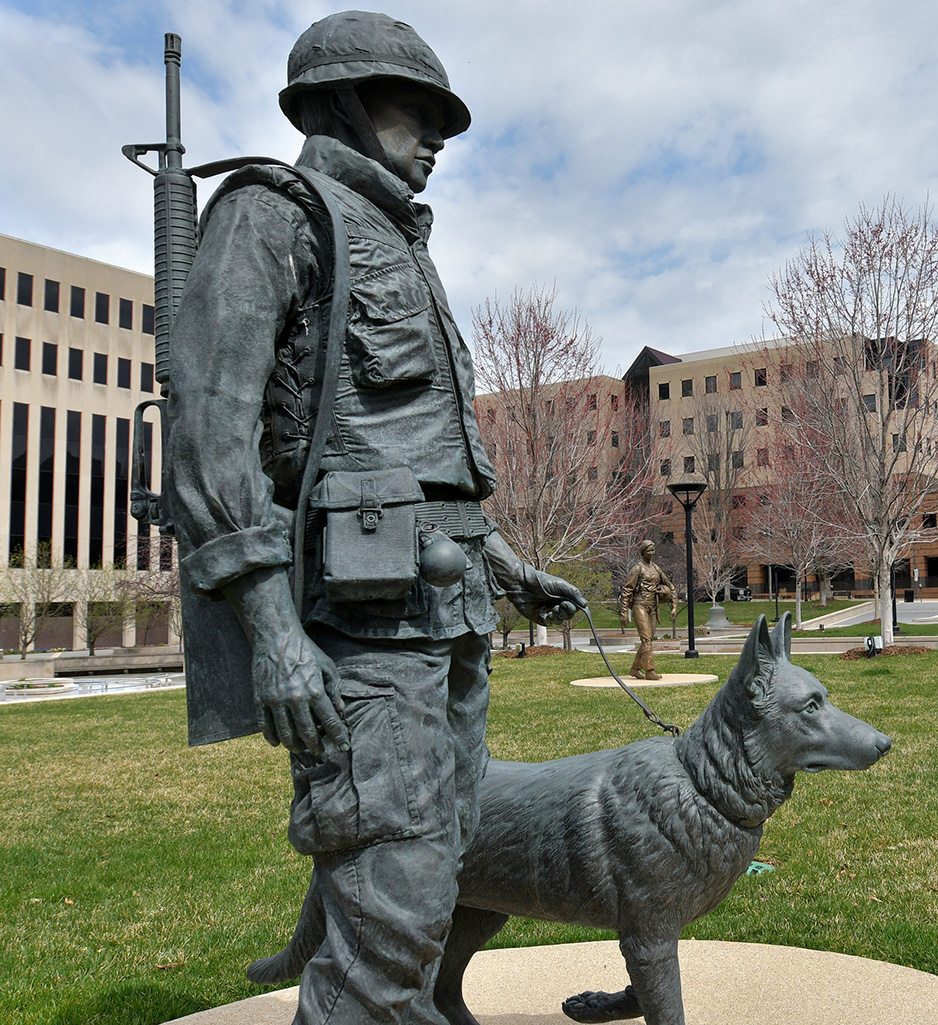 This statue, called War Dog, depicts a U.S. soldier during the Vietnam War. Sculpted by Erin Mallon, it is part of the veterans memorial, A Final Salute, at the Peoria County Courthouse