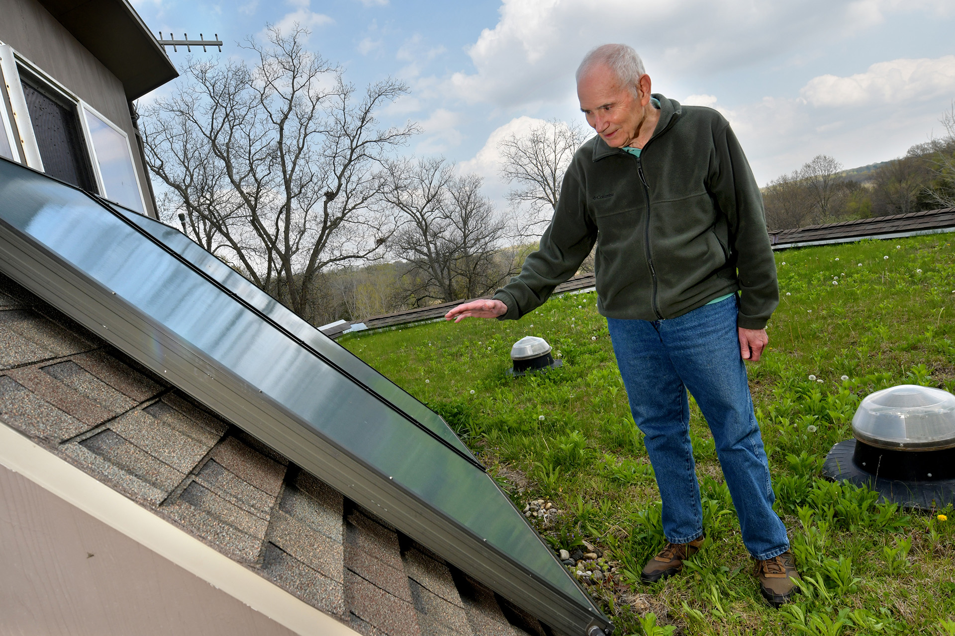 The rooftop water heating element uses the power of the sun to generate heat at Roger Wehage’s earth home in Chillicothe