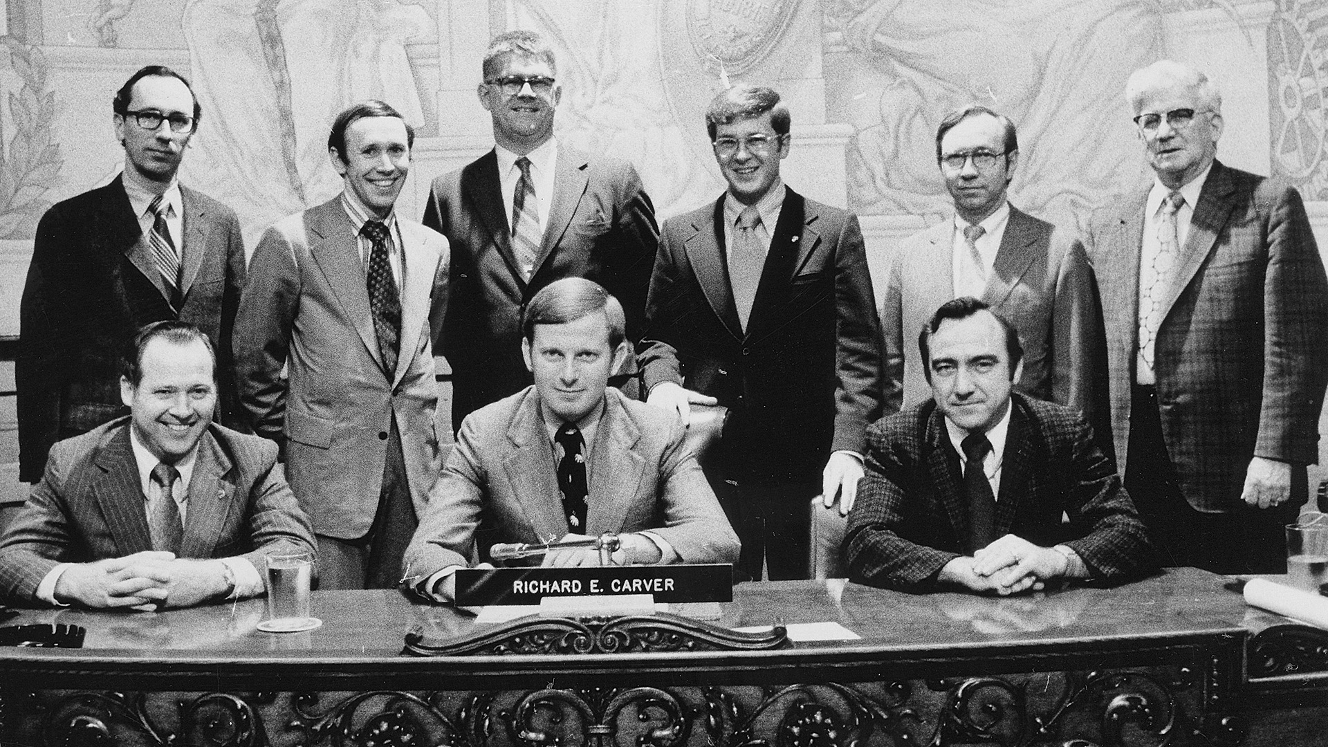 Peoria's 1973 City Council. Standing, left to right, are Jim Bateman, Frank Renner, Dick Neumiller, Bruce Brown, Warren Reynolds and Tom Dunne. Seated are Les Bergsten, Dick Carver and Joe Mudd