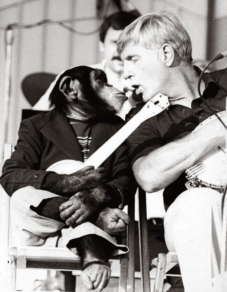 Entertainer Jerry Van Dyke performs at the fair with his trained chimp