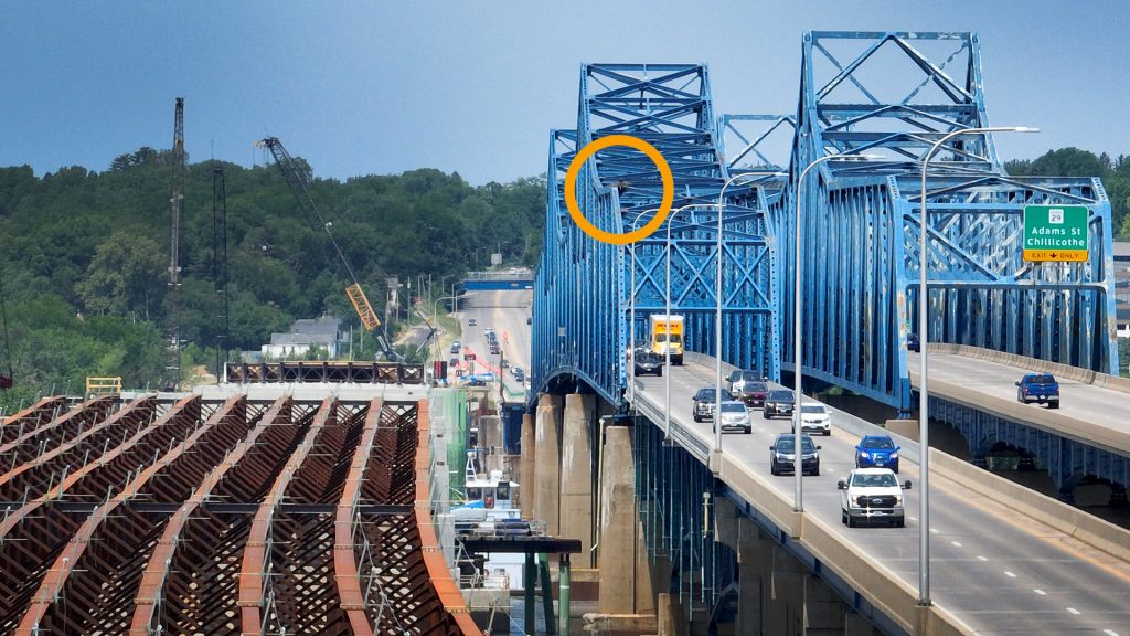 Aerial view of construction of the new eastbound span of the McClugage Bridge