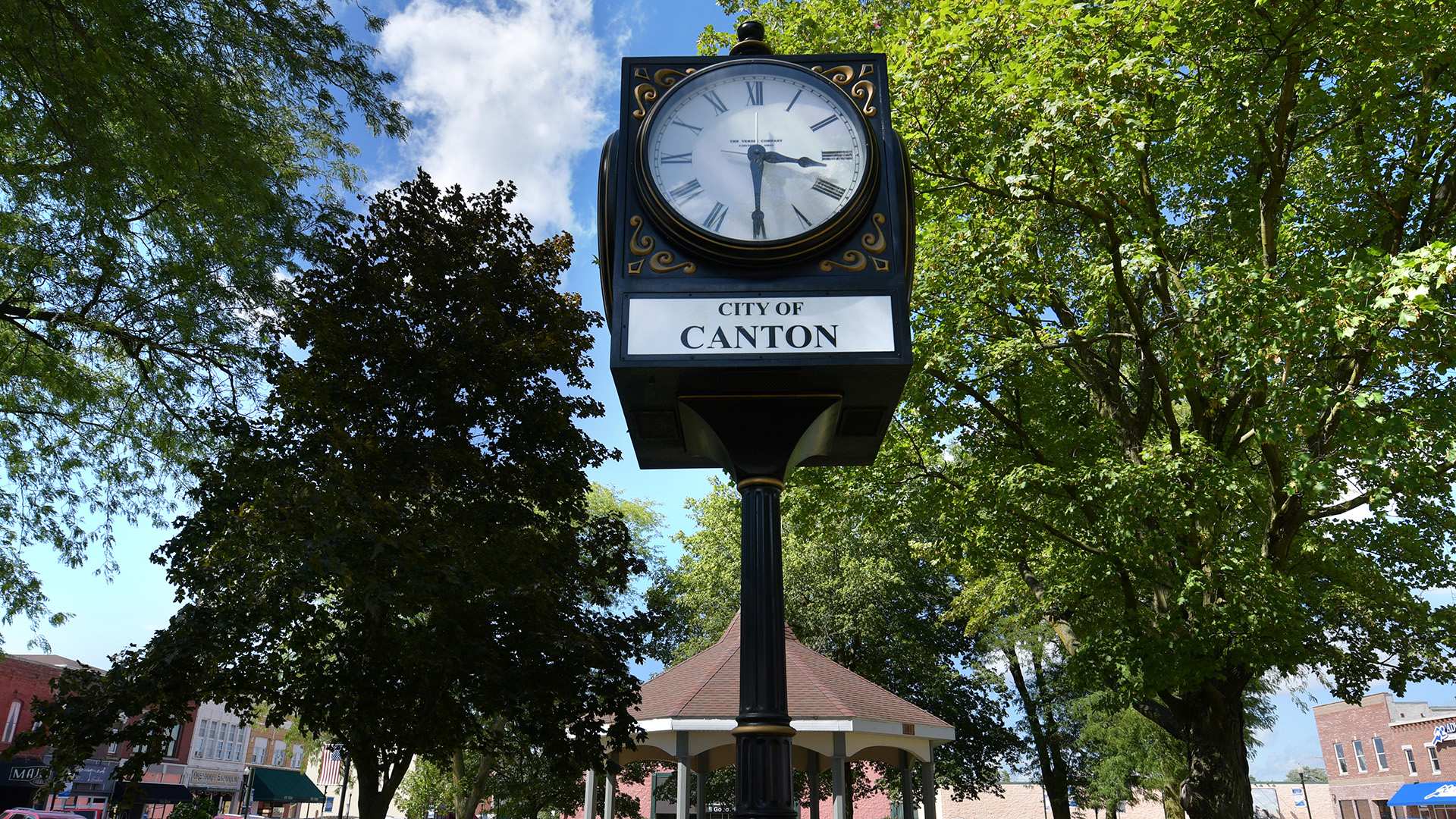 The clock tower in Jones Park in Canton