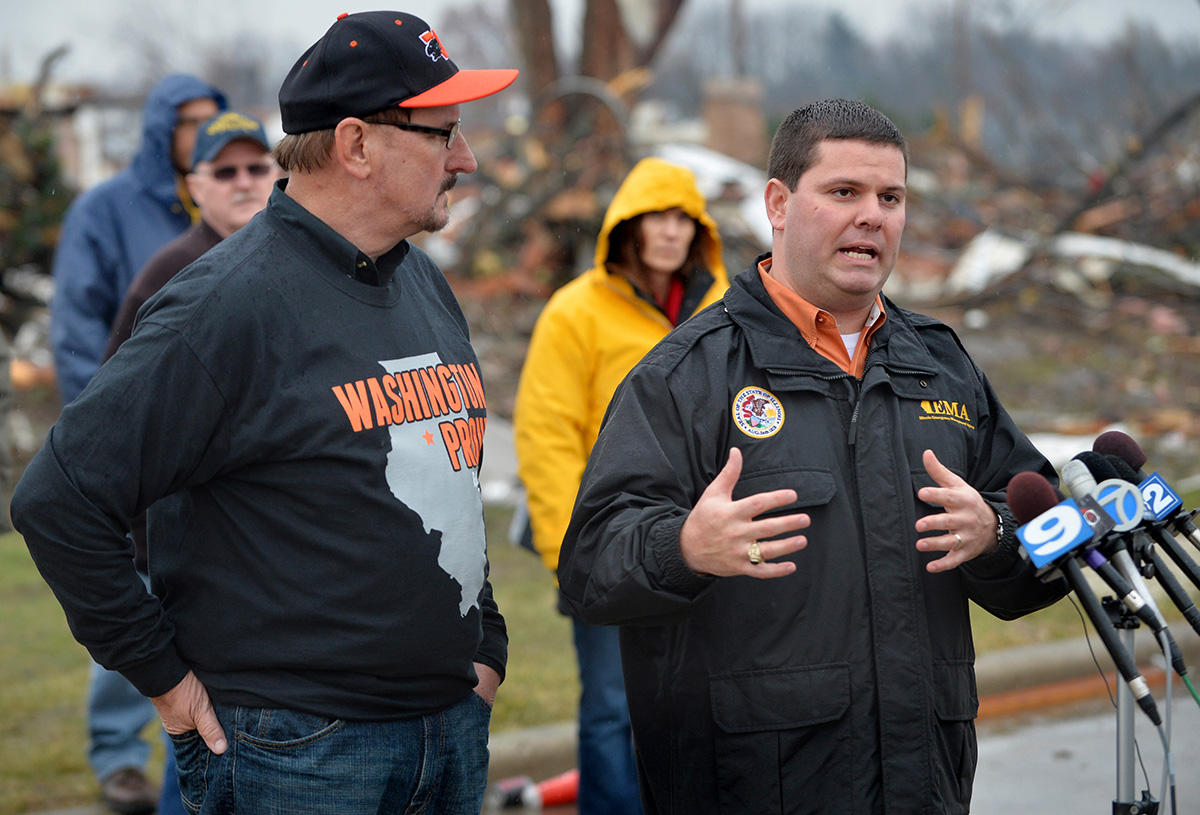 IEMA Director Jonathon Monken addresses the media with Washington Mayor Gary Manier, left, after the Nov. 17, 2023 tornado